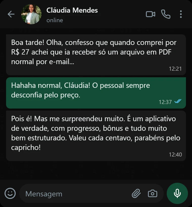 Print de conversa no WhatsApp: depoimento de cliente sobre o aplicativo