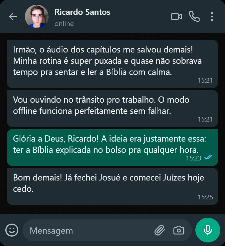 Print de conversa no WhatsApp: depoimento de cliente sobre o aplicativo